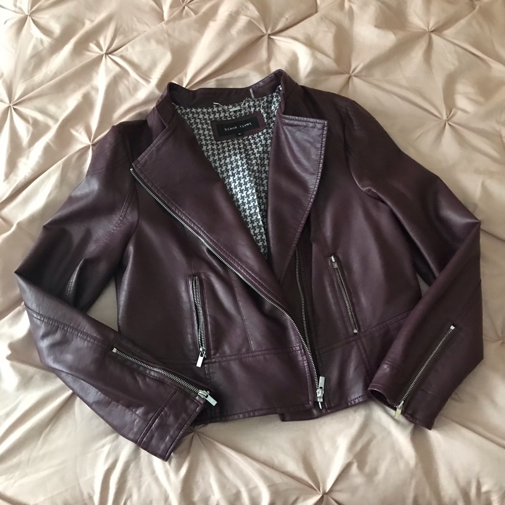 Faux-Leather Asymmetric Burgundy Moto Biker Jacket